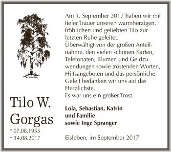 Traueranzeige von Tilo W. Gorgas von Wochenspiegel Mansfelder Land