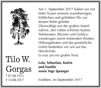 Traueranzeige von Tilo W. Gorgas von Mitteldeutsche Zeitung Mansfelder Land