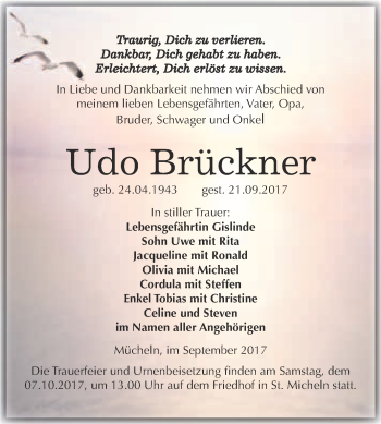 Traueranzeige von Udo Brückner von WVG - Wochenspiegel Merseburg