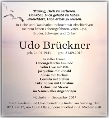 Traueranzeige von Udo Brückner von Mitteldeutsche Zeitung Merseburg/Querfurt