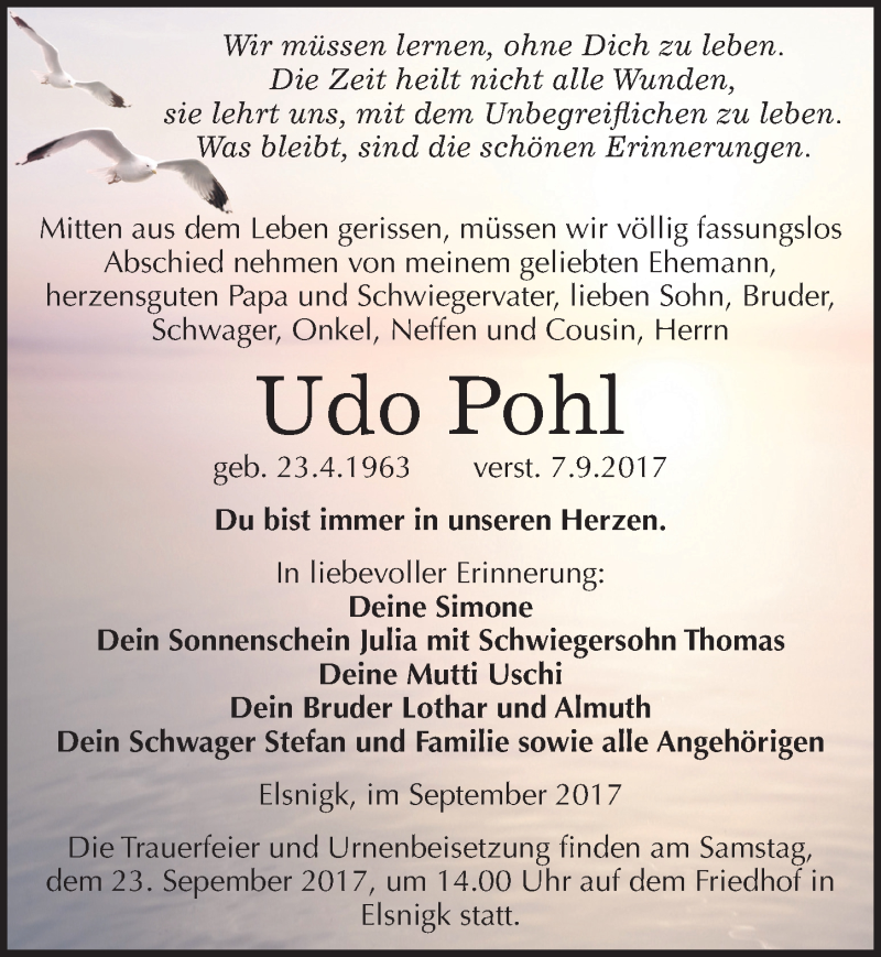  Traueranzeige für Udo Pohl vom 12.09.2017 aus Mitteldeutsche Zeitung Köthen