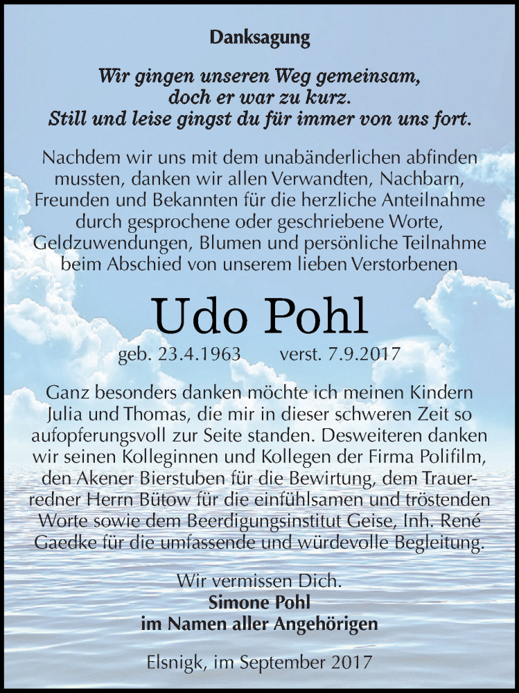  Traueranzeige für Udo Pohl vom 30.09.2017 aus WVG - Wochenspiegel Dessau / Köthen