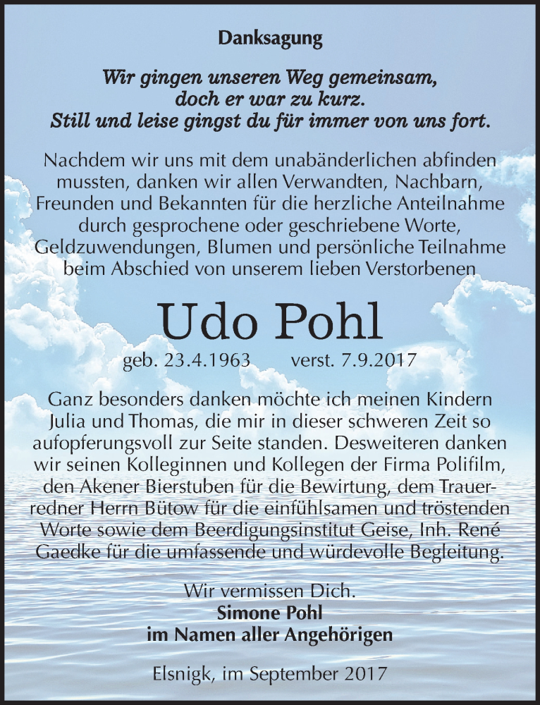  Traueranzeige für Udo Pohl vom 27.09.2017 aus Mitteldeutsche Zeitung Köthen