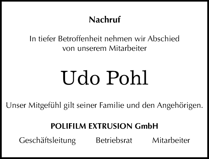  Traueranzeige für Udo Pohl vom 09.09.2017 aus Mitteldeutsche Zeitung Köthen