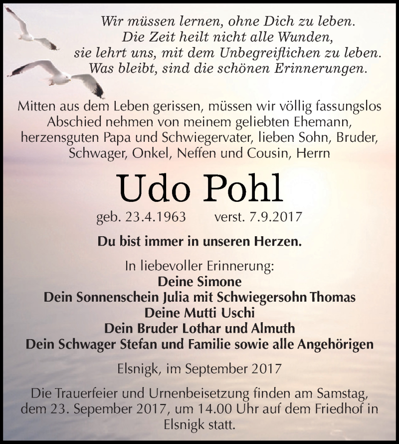  Traueranzeige für Udo Pohl vom 16.09.2017 aus WVG - Wochenspiegel Dessau / Köthen