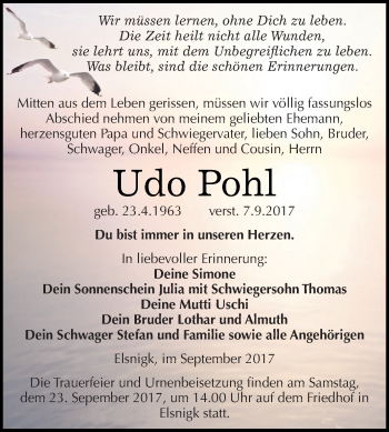 Traueranzeige von Udo Pohl von WVG - Wochenspiegel Dessau / Köthen