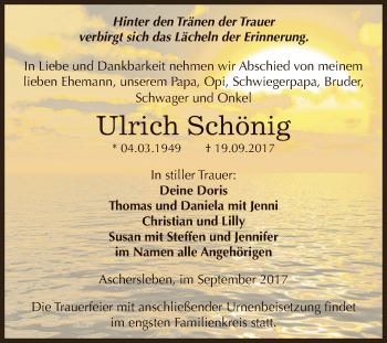Traueranzeige von Ulrich Schönig von Super Sonntag Aschersleben