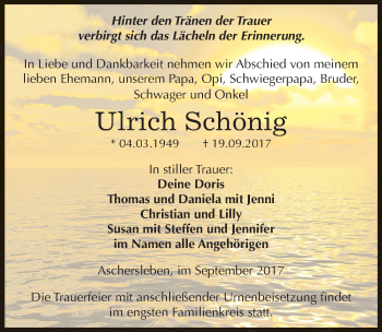 Traueranzeige von Ulrich Schönig von Mitteldeutsche Zeitung Aschersleben