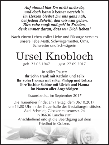 Traueranzeige von Ursel Knobloch von WVG - Wochenspiegel Merseburg
