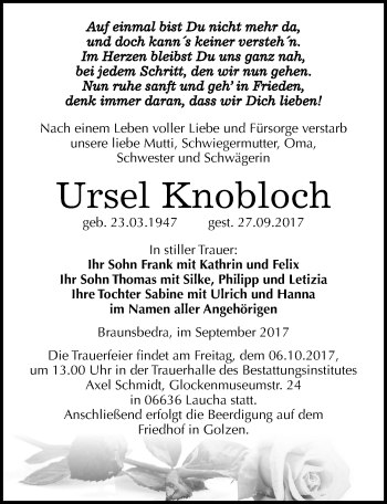 Traueranzeige von Ursel Knobloch von Mitteldeutsche Zeitung Merseburg/Querfurt