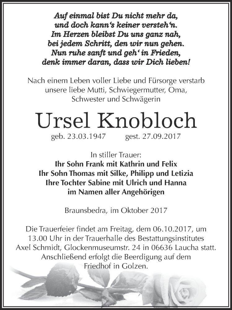  Traueranzeige für Ursel Knobloch vom 30.09.2017 aus WVG - Wochenspiegel NMB / WSF / ZTZ