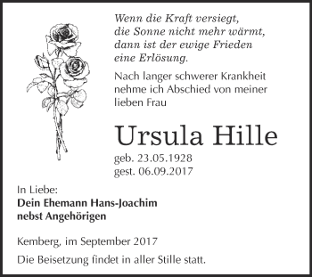 Traueranzeige von Ursula Hille von WVG - Wochenspiegel Bitterfeld