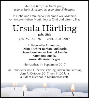 Traueranzeige von Ursula Härtling von WVG - Wochenspiegel Dessau / Köthen