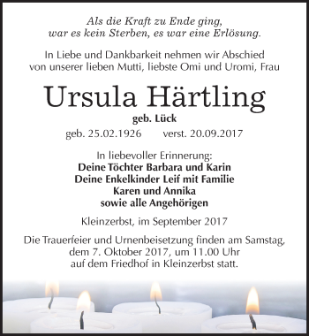 Traueranzeige von Ursula Härtling von Mitteldeutsche Zeitung Köthen
