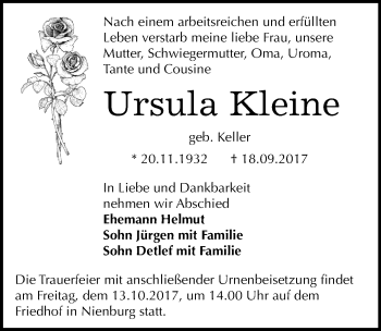 Traueranzeige von Ursula Kleine von Mitteldeutsche Zeitung Bernburg