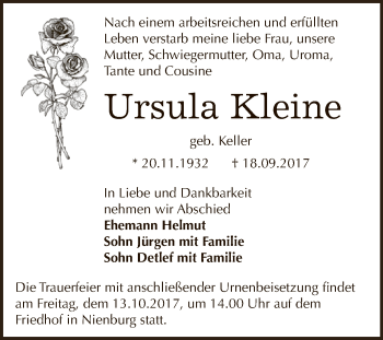 Traueranzeige von Ursula Kleine von Super Sonntag Bernburg