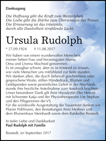 Traueranzeige von Ursula Rudolph von Super Sonntag SGH Mansf. Land