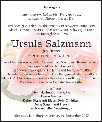 Traueranzeige von Ursula Salzmann von Mitteldeutsche Zeitung Sangerhausen