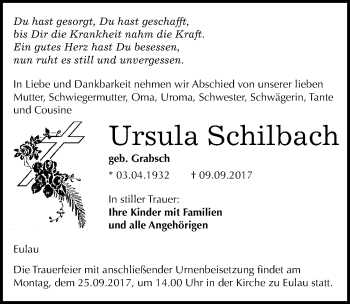 Traueranzeige von Ursula Schilbach von Mitteldeutsche Zeitung Naumburg/Nebra