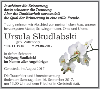Traueranzeige von Ursula Skudlabski von Wochenspiegel Mansfelder Land