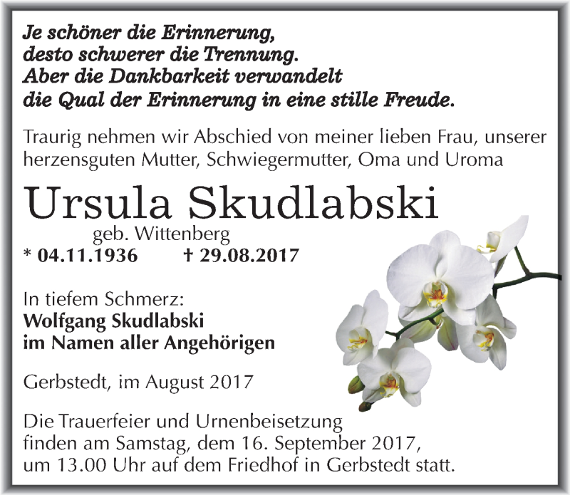  Traueranzeige für Ursula Skudlabski vom 02.09.2017 aus Mitteldeutsche Zeitung Mansfelder Land