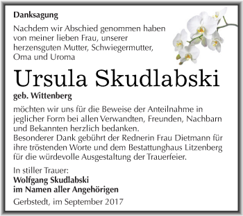 Traueranzeige von Ursula Skudlabski von Wochenspiegel Mansfelder Land