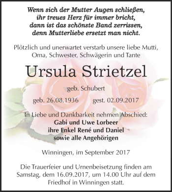 Traueranzeige von Ursula Strietzel von Super Sonntag Aschersleben