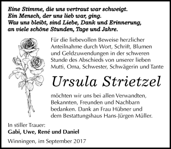 Traueranzeige von Ursula Strietzel von Mitteldeutsche Zeitung Aschersleben