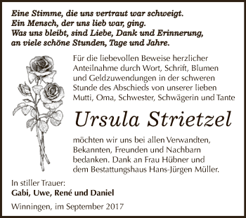 Traueranzeige von Ursula Strietzel von Super Sonntag Aschersleben