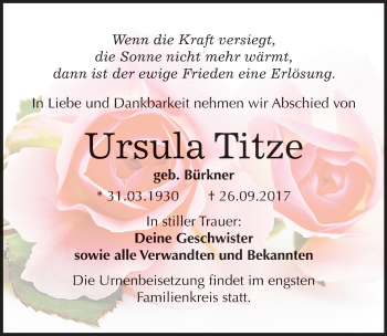 Traueranzeige von Ursula Titze von Mitteldeutsche Zeitung Bitterfeld
