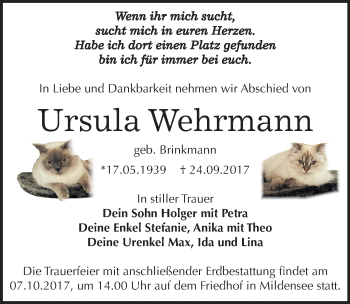 Traueranzeige von Ursula Wehrmann von Mitteldeutsche Zeitung Dessau-Roßlau