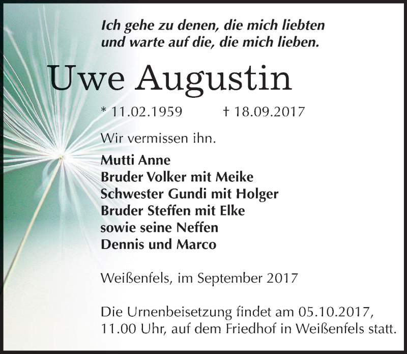  Traueranzeige für Uwe Augustin vom 23.09.2017 aus Mitteldeutsche Zeitung Weißenfels