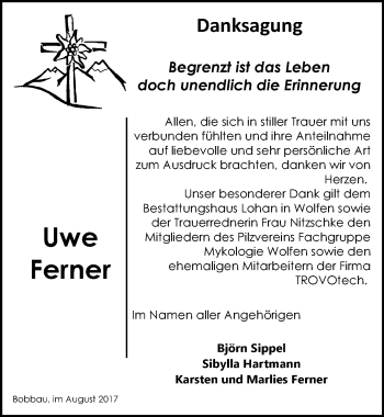 Traueranzeige von Uwe Ferner von Mitteldeutsche Zeitung Bitterfeld