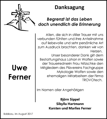 Traueranzeige von Uwe Ferner von WVG - Wochenspiegel Bitterfeld