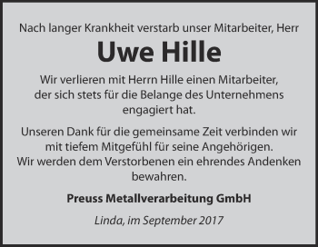Traueranzeige von Uwe Hille von WVG - Wochenspiegel Wittenberg