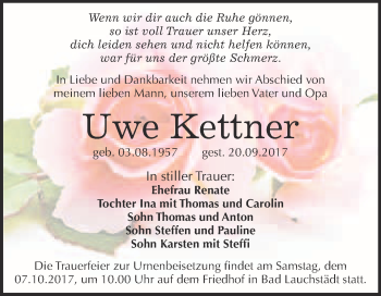 Traueranzeige von Uwe Kettner von Super Sonntag Merseburg