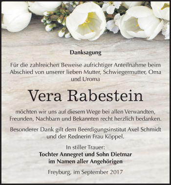 Traueranzeige von Vera Rabestein von Mitteldeutsche Zeitung Naumburg/Nebra