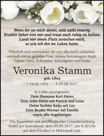 Traueranzeige von Veronika Stamm von Mitteldeutsche Zeitung Halle/Saalkreis