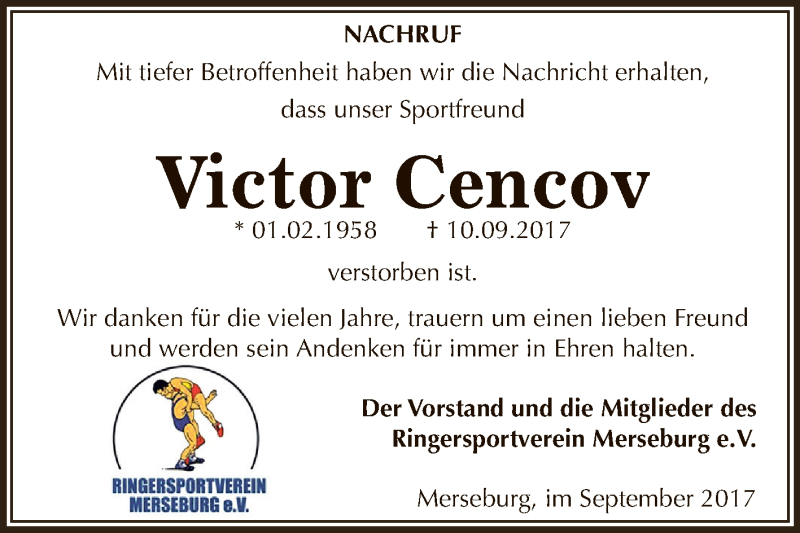  Traueranzeige für Victor Cencov vom 16.09.2017 aus WVG - Wochenspiegel NMB / WSF / ZTZ