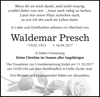 Traueranzeige von Waldemar Presch von Mitteldeutsche Zeitung Halle/Saalkreis