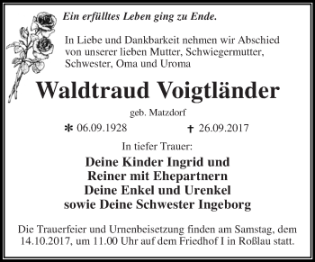 Traueranzeige von Waldtraud Voigtländer von WVG - Wochenspiegel Dessau / Köthen