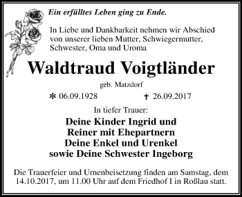 Traueranzeige von Waldtraud Voigtländer von Mitteldeutsche Zeitung Dessau-Roßlau