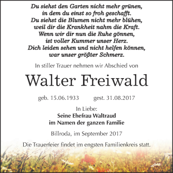 Traueranzeige von Walter Freiwald von WVG - Wochenspiegel NMB / WSF / ZTZ