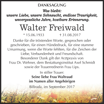 Traueranzeige von Walter Freiwald von WVG - Wochenspiegel NMB / WSF / ZTZ