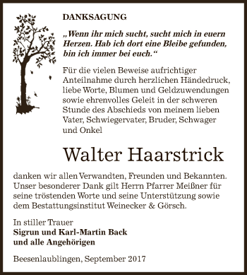 Traueranzeige von Walter Haarstrick von Super Sonntag Bernburg