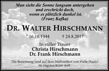 Traueranzeige von Walter Hirschmann von Mitteldeutsche Zeitung Halle/Saalkreis