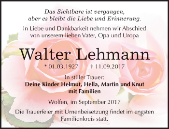 Traueranzeige von Walter Lehmann von Mitteldeutsche Zeitung Bitterfeld