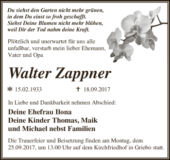 Traueranzeige von Walter Zappner von WVG - Wochenspiegel Dessau / Köthen