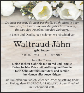 Traueranzeige von Waltraud Jähn von WVG - Wochenspiegel Bitterfeld