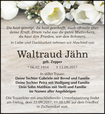 Traueranzeige von Waltraud Jähn von Mitteldeutsche Zeitung Bitterfeld